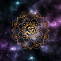 Ohm spiritual sign and gold mandala in the universe