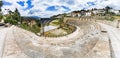 Panorama of the antique ancient greek amphitheater or antique theatre of Ohrid with view on old town of Ohrid and Lake Ohrid in Ma Royalty Free Stock Photo