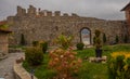 OHRID, NORTH MACEDONIA: Lower Gate Square in Ohrid Macedonia and the fortification walls on the lower side
