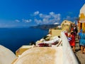 Oia, Santorini, Greece - June 10, 2015 : The beautiful terrace with sea view