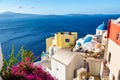 Oia village with famous white houses, Bougainvillea flower and blue dome churches on Santorini island, Aegean sea, Greece Royalty Free Stock Photo
