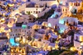 Oia village, Santorini, Greece. Architectural background. View of traditional houses in Santorini. Small narrow streets and rooft