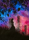 Oil acrylic modern painting silhouette of girl with balloons on background of night city artwork. Night fantasy landscape illustra
