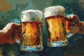 oil acrylic painting art illustration two hands clinking mugs of beer on a green background Royalty Free Stock Photo