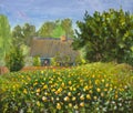 Oil acrylic painting old house with orange wildflowers