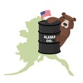 Oil Barrel Alaska map background. Flag of United States. Bear k