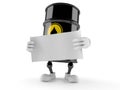 Oil barrel character holding blank sheet of paper