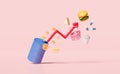 Oil barrel 3d with arrow graph dollar coins, food, shopping basket isolated on pink background. expensive, high inflation, saving