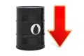 Oil barrel with down red arrow. Crude Oil price falling concept. 3D rendering