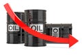 Oil barrel with down red arrow. Crude Oil price falling concept. 3D rendering