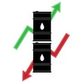 Oil barrel icon. Vector illustration black oil barrel drums with labels. Fall of the oil red arrow down. Rising oil green arrow up