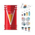 Oil barrel with infographic element icons. Fuel. Bright red-yellow barrel with crude oil. Metal container with oil pump