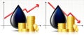 Oil barrel price graphics and Black drop and Black drop of oil with stack of gold coins.