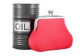 Oil barrel with purse coin, 3D rendering Royalty Free Stock Photo