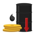 Oil barrel with red arrow down and gold coins dollar. Fall in petrol prices