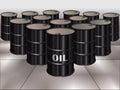 Oil barrel store illustration. Crude petroleum stock. Diesel or petrol barrels. Fuel gasoline tanks. White background.