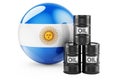 Oil barrels with Argentinean flag. Oil production or trade in Argentina concept, 3D rendering Royalty Free Stock Photo