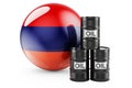 Oil barrels with Armenian flag. Oil production or trade in Armenia concept, 3D rendering