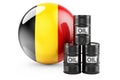 Oil barrels with Belgian flag. Oil production or trade in Belgium concept, 3D rendering Royalty Free Stock Photo