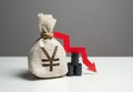 Oil barrels and chinese yuan or japanese yen money bag and red arrow down Royalty Free Stock Photo