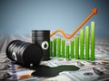 Oil barrels on dollar background. Rising oil prices concept. 3D illustration