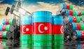 Oil barrels with flag of Azerbaijan and oil extraction wells - 3D illustration