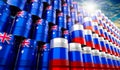 Oil barrels with flags of Russia and Australia - 3D illustration