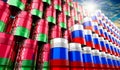 Oil barrels with flags of Russia and Belarus - 3D illustration