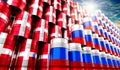 Oil barrels with flags of Russia and Denmark - 3D illustration