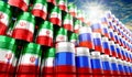 Oil barrels with flags of Russia and Iran - 3D illustration