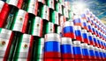 Oil barrels with flags of Russia and Mexico - 3D illustration