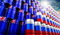 Oil barrels with flags of Russia and New Zealand - 3D illustration