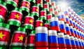 Oil barrels with flags of Russia and Suriname - 3D illustration