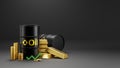 Oil barrels and gold bars with golden coins 3D render