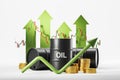 Oil barrels and gold coins with rising green arrows, high prices Royalty Free Stock Photo
