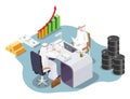 Arab businessmen, oil barrels, gold ingots in office space, vector isometric illustration. Saudi Arabian oil business.