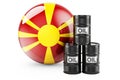 Oil barrels with Macedonian flag. Oil production or trade in Macedonia concept, 3D rendering