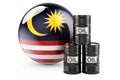 Oil barrels with Malaysian flag. Oil production or trade in Malaysia concept, 3D rendering