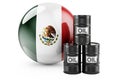 Oil barrels with Mexican flag. Oil production or trade in Mexico concept, 3D rendering