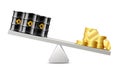 Oil barrels and money coins balancing on scales. Petroleum costs crisis concept. Rising price. Royalty Free Stock Photo