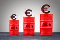 Oil barrels with sign euro. Energy prices concept in Europe Royalty Free Stock Photo