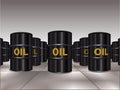 Oil barrels stores illustration. Crude petroleum stock in a warehouse. Diesel or petrol cans. Fuel gasoline tanks. Royalty Free Stock Photo