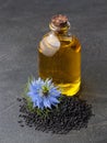 Oil of black cumin seed and nigella sativa flowe Royalty Free Stock Photo