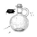 Oil bottle drawing. Vector glass pitcher with cork stopper.