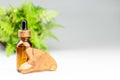 Oil bottle and gua sha wooden massager over gray Royalty Free Stock Photo