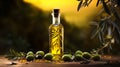 Oil bottle with olives and leaves, Extra virgin organic olive oil
