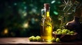 Oil bottle with olives and leaves, Extra virgin organic olive oil