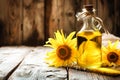 A bottle of oil with sunflowers on a table, AI