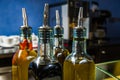 Oil bottles on the buffet table. Royalty Free Stock Photo