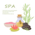 Oil bottles, stones, bamboo and fragrant pink salt illustration for spa treatments. Royalty Free Stock Photo